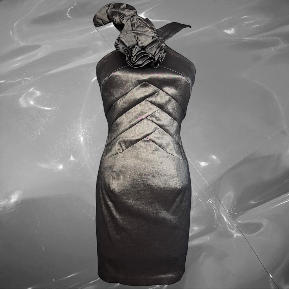 Y2K Metallic Silver Bronze One Shoulder Rosette Cocktail Dress Size 6